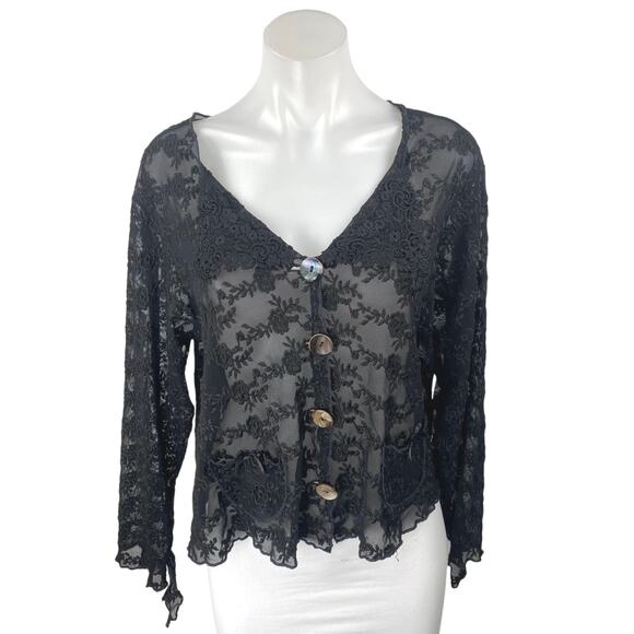 Women's Black Floral Lace Sheer Mesh Embroidered Button Up Blouse top Size OS - Picture 1 of 3